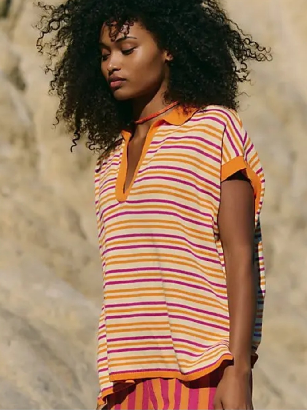NWT Free People Miller Sweater V Neck Top Medium Striped 100% Cotton Blouse